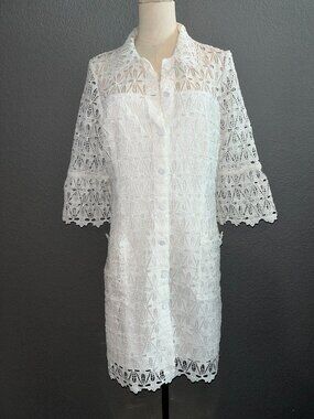 SANDRO PARIS White Floral GUIPURE Heavy Lace Button Mini Shirt Dress EUC - EU40